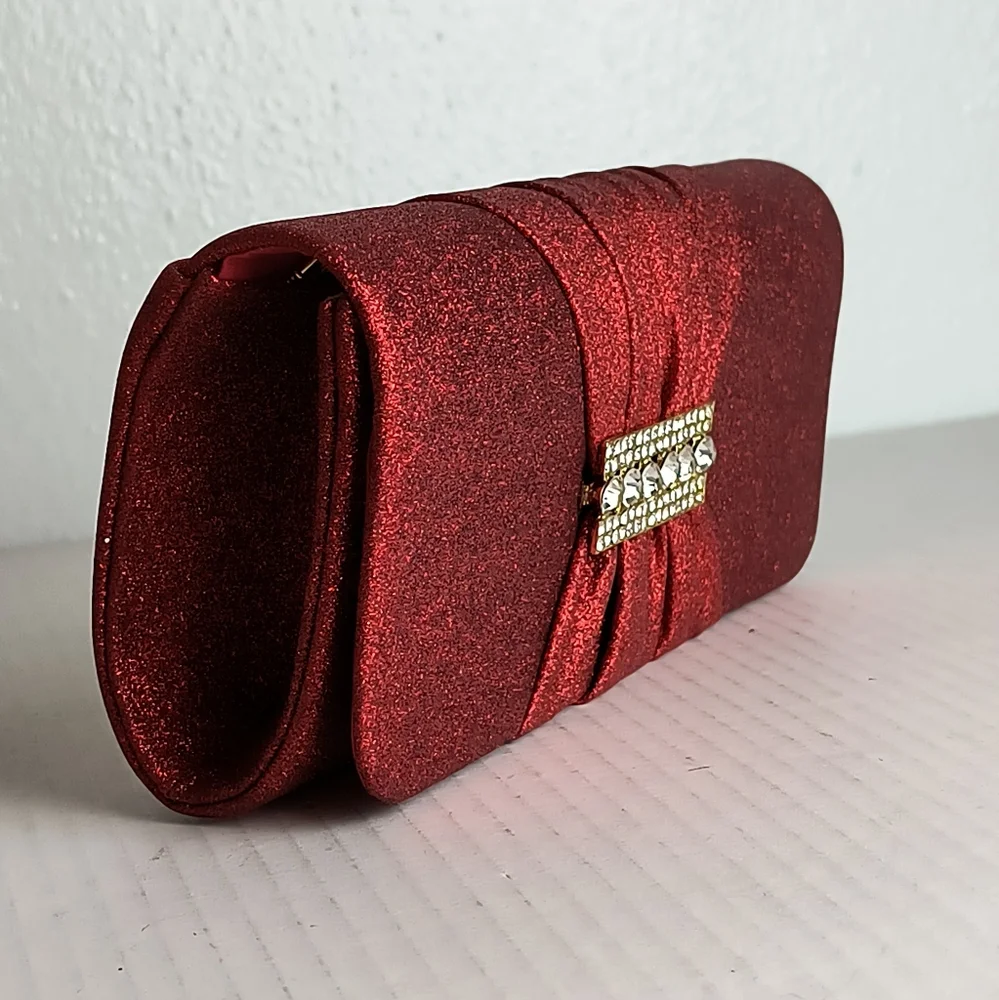 Shimmer Red Vampire Satin Evening Clutch Bag Snap Closure Glitter Red Rhinestone